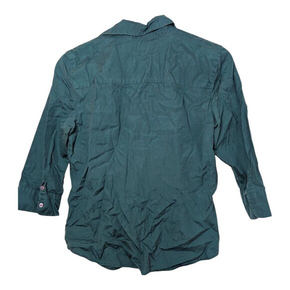 Valerie Stevens Teal VNeck Twill Cotton Shirt Sze M Petite Elbow Length Sleeves - Picture 6 of 7
